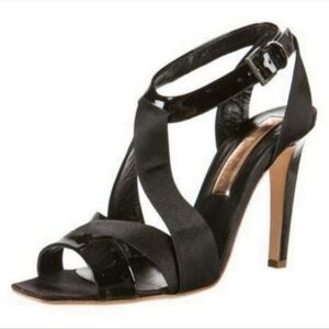 Rupert Sanderson Jake Wave Satin Patent Leather Strappy Heeled Sandal Black 36.5